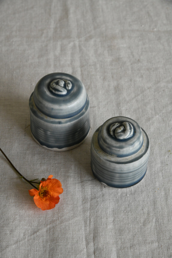 Pair Blue Glaze Lidded Pots