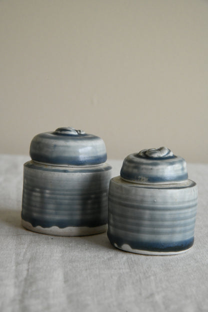 Pair Blue Glaze Lidded Pots