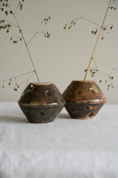 Pair Brown Glazed Studio Pottery Vessel