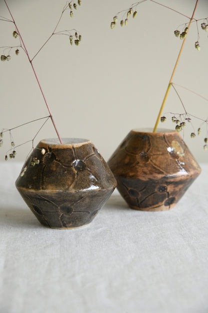 Pair Brown Glazed Studio Pottery Vessel