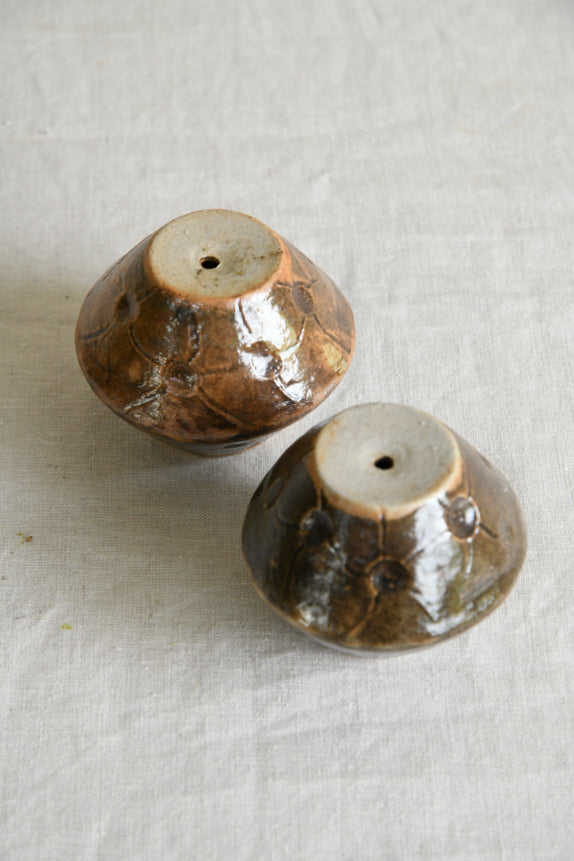 Pair Brown Glazed Studio Pottery Vessel