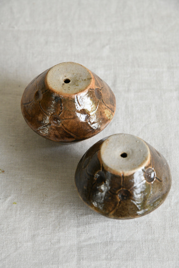 Pair Brown Glazed Studio Pottery Vessel