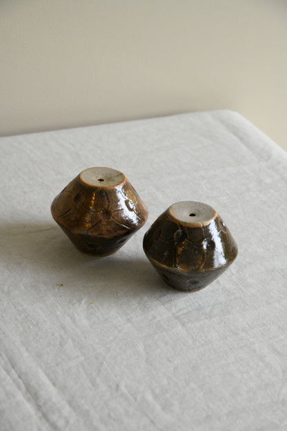 Pair Brown Glazed Studio Pottery Vessel