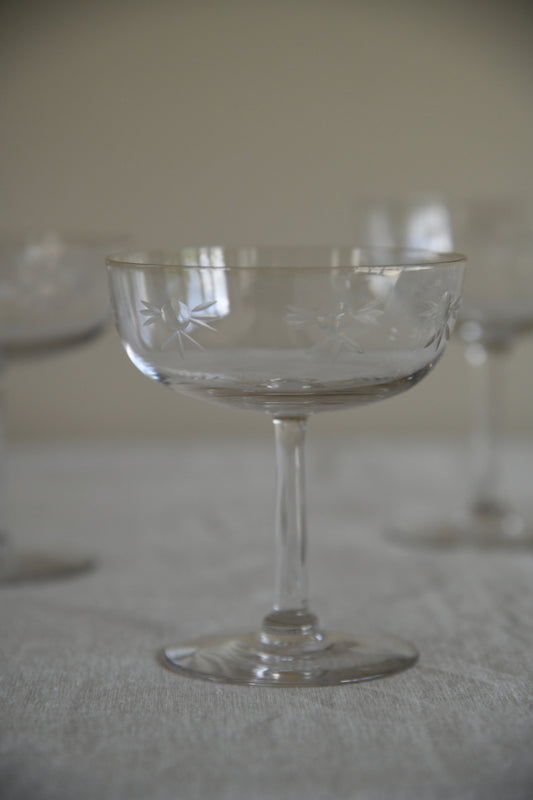 3 Etched Vintage Champagne Coupe Glasses