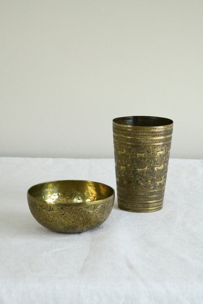 Indian Brass Beaker & Small Bowl