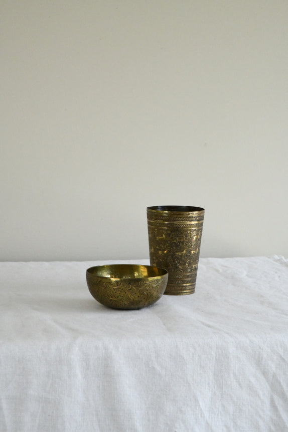 Indian Brass Beaker & Small Bowl