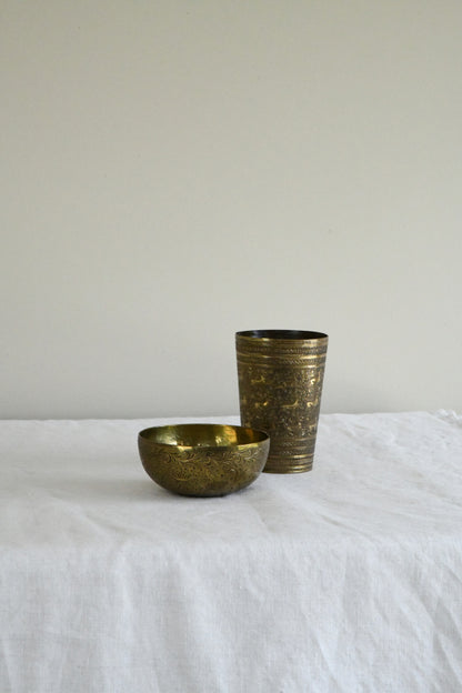 Indian Brass Beaker & Small Bowl