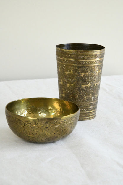 Indian Brass Beaker & Small Bowl