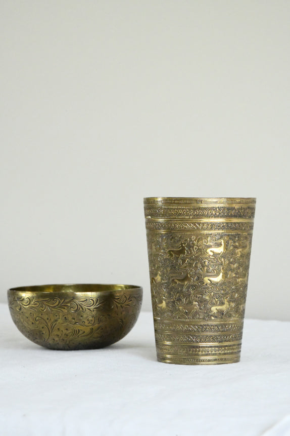 Indian Brass Beaker & Small Bowl