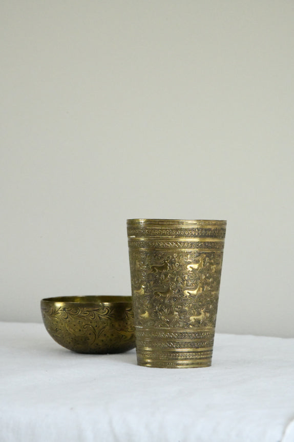 Indian Brass Beaker & Small Bowl