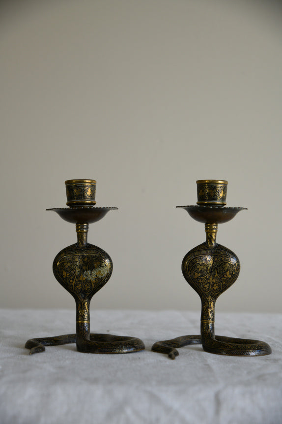 Pair Vintage Indian Brass Cobra Candlesticks