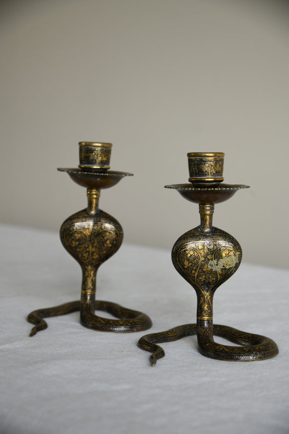 Pair Vintage Indian Brass Cobra Candlesticks