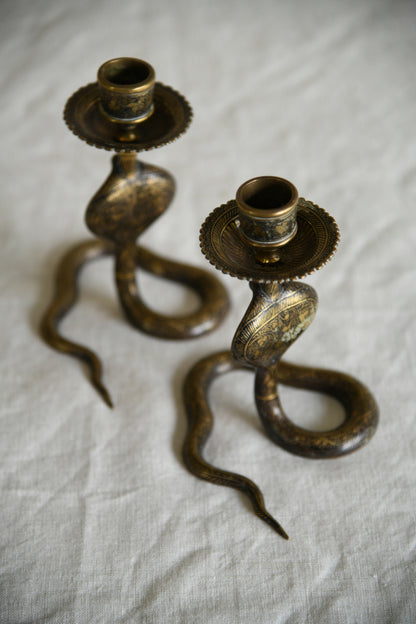 Pair Vintage Indian Brass Cobra Candlesticks