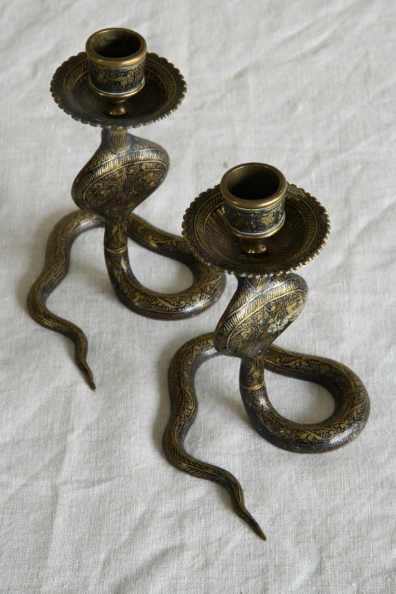 Pair Vintage Indian Brass Cobra Candlesticks