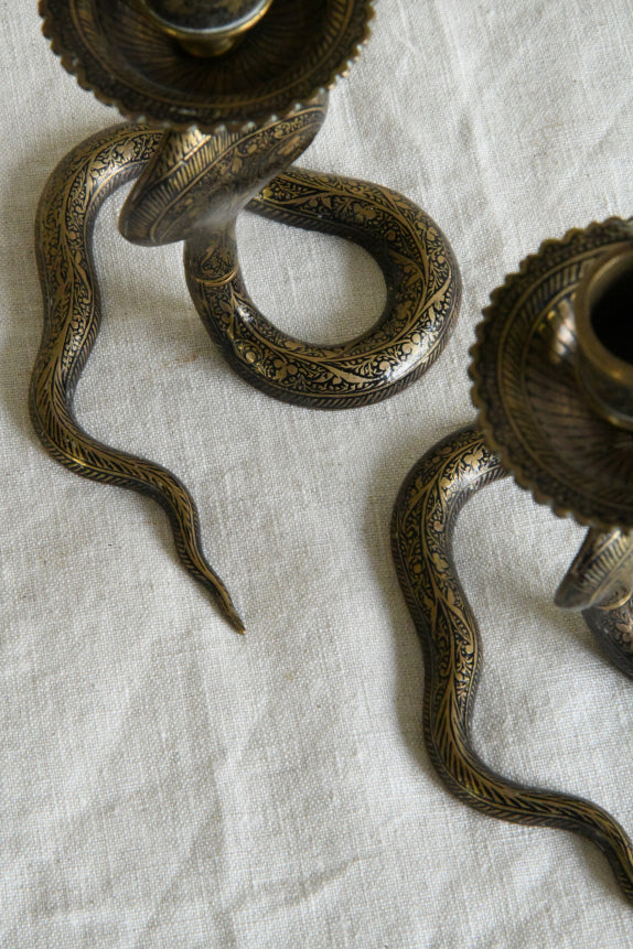 Pair Vintage Indian Brass Cobra Candlesticks