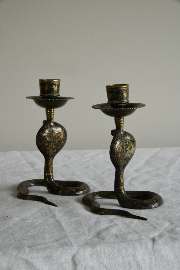 Pair Vintage Indian Brass Cobra Candlesticks