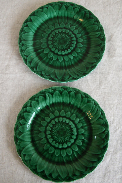 Pair Wedgwood Green Majolica Sunflower Side Plates