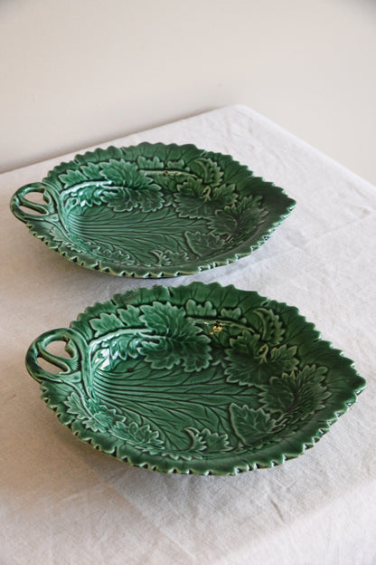 Pair Green Majolica Leaf Plates