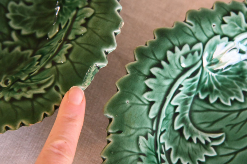 Pair Green Majolica Leaf Plates