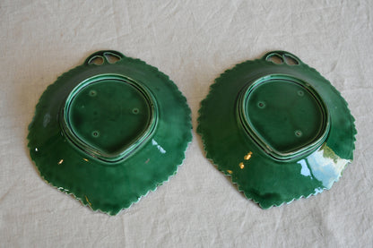 Pair Green Majolica Leaf Plates