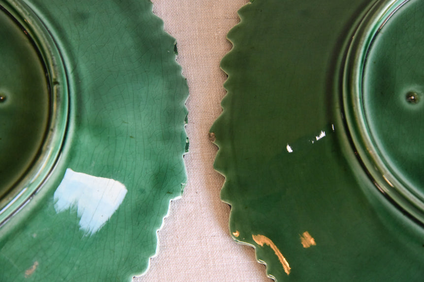 Pair Green Majolica Leaf Plates