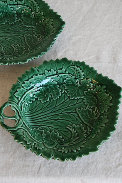 Pair Green Majolica Leaf Plates