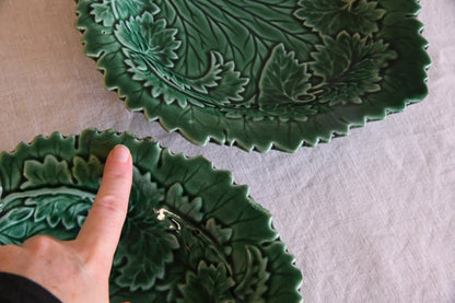 Pair Green Majolica Leaf Plates