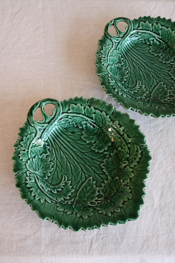 Pair Green Majolica Leaf Plates