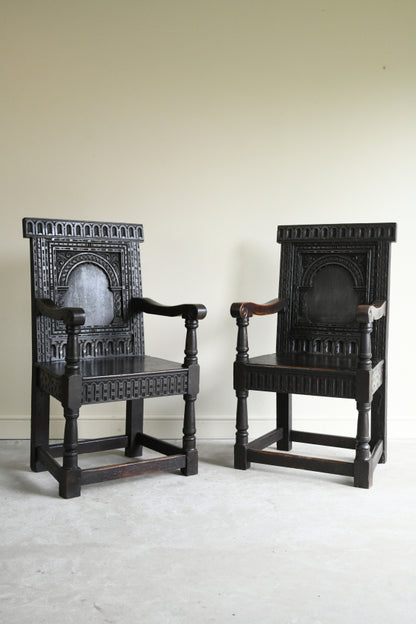 Pair 17th Century Style Wainscot Chairs