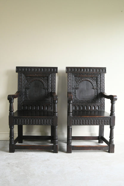 Pair 17th Century Style Wainscot Chairs