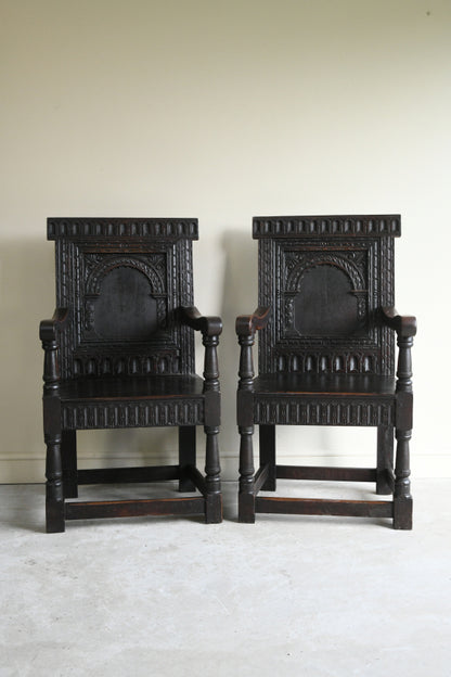 Pair 17th Century Style Wainscot Chairs