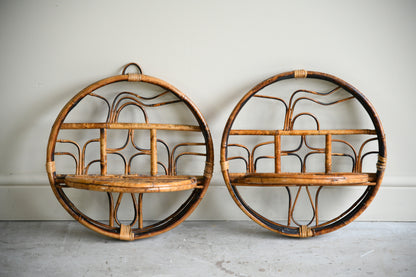 Pair Retro Bamboo & Cane Round Wall Shelves