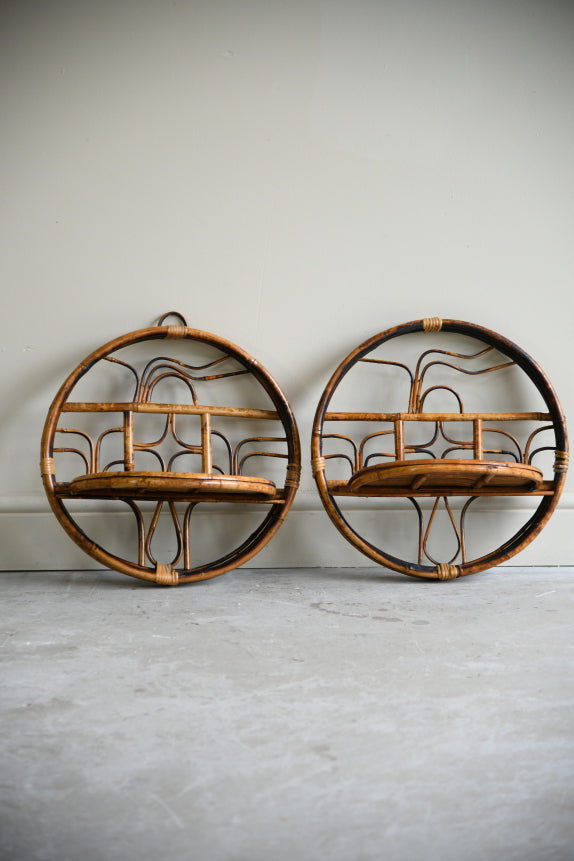 Pair Retro Bamboo & Cane Round Wall Shelves