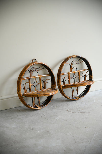 Pair Retro Bamboo & Cane Round Wall Shelves