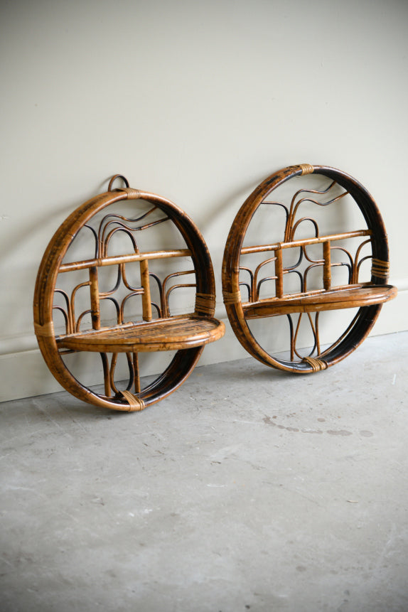 Pair Retro Bamboo & Cane Round Wall Shelves