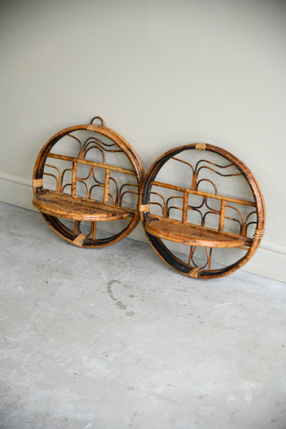 Pair Retro Bamboo & Cane Round Wall Shelves