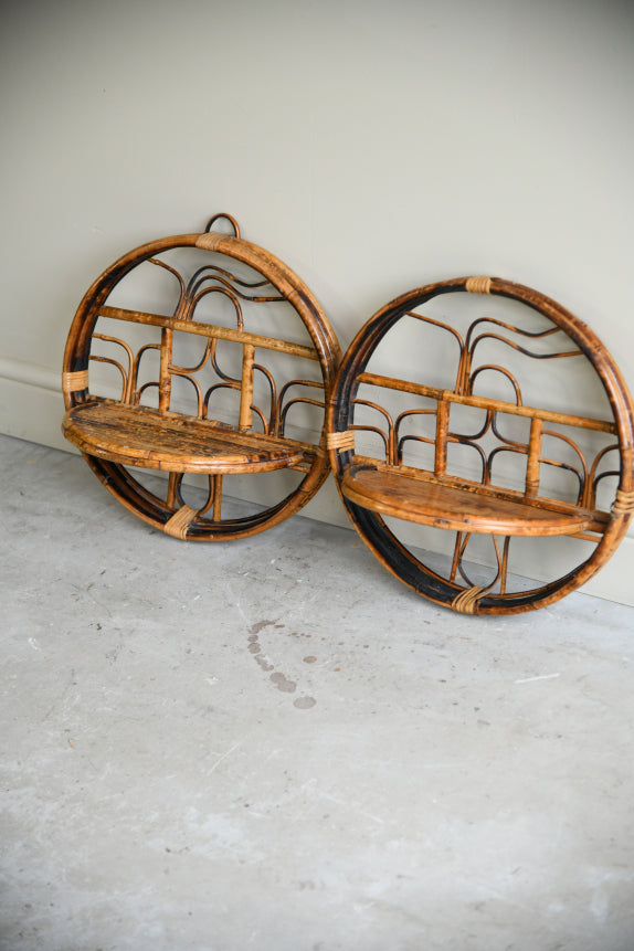 Pair Retro Bamboo & Cane Round Wall Shelves