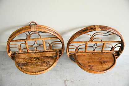 Pair Retro Bamboo & Cane Round Wall Shelves