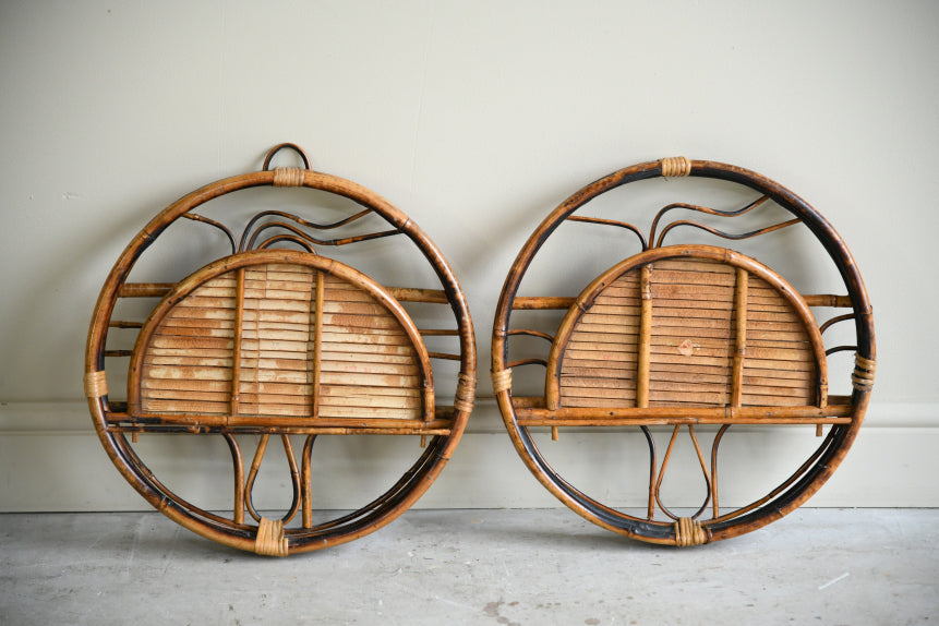 Pair Retro Bamboo & Cane Round Wall Shelves