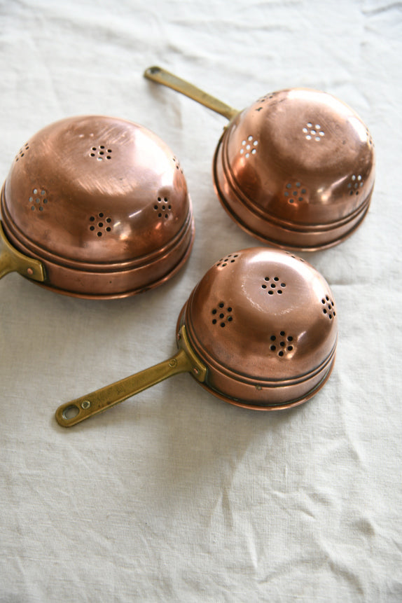 Vintage French Copper & Brass Graduated Colanders