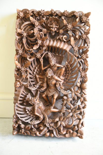 Large Balinese Carved Wood Panel Vishnu Riding Garuda