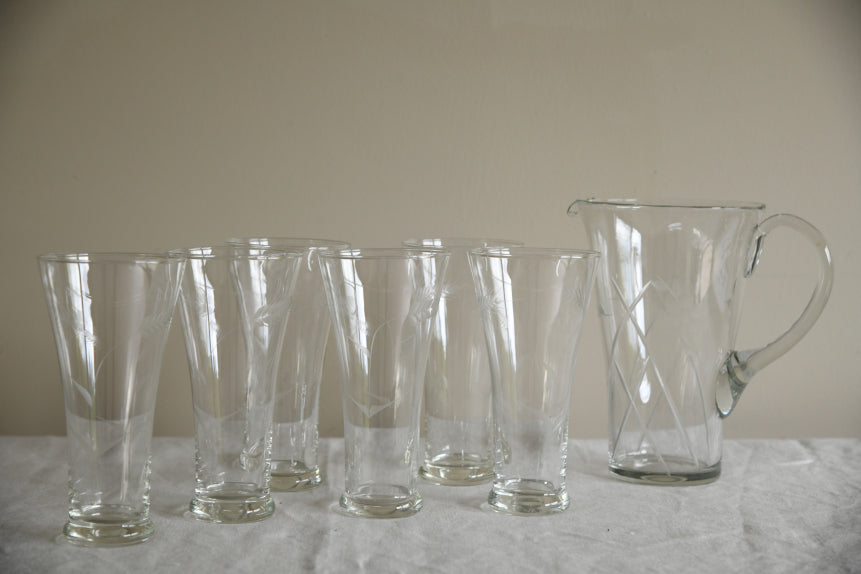 Etched Glass Water Jug & 6 Glasses
