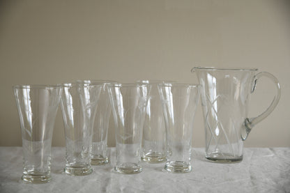 Etched Glass Water Jug & 6 Glasses