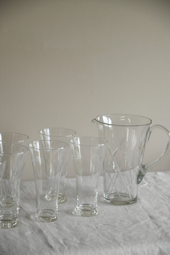 Etched Glass Water Jug & 6 Glasses