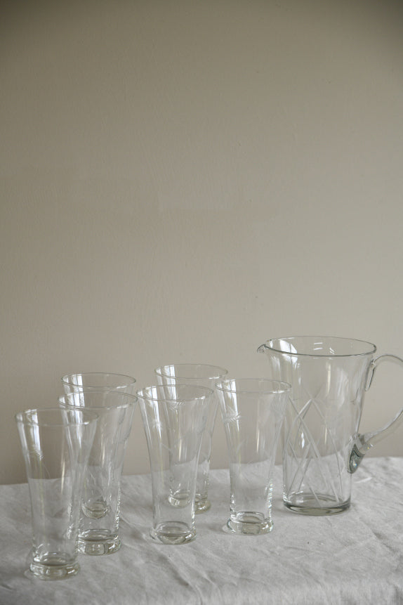 Etched Glass Water Jug & 6 Glasses
