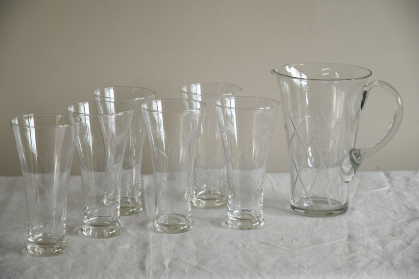 Etched Glass Water Jug & 6 Glasses