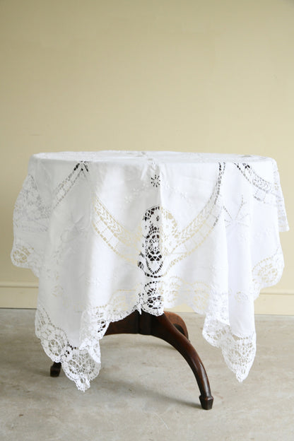 Vintage Cut Work Embroidered White Tablecloth
