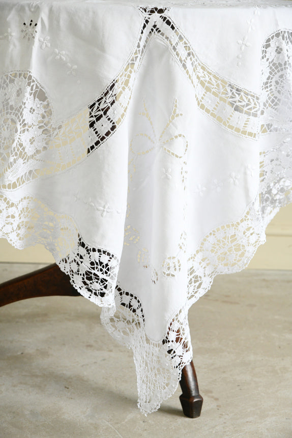 Vintage Cut Work Embroidered White Tablecloth