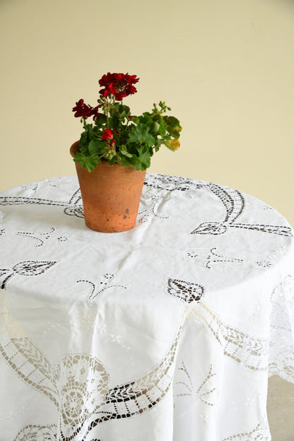 Vintage Cut Work Embroidered White Tablecloth