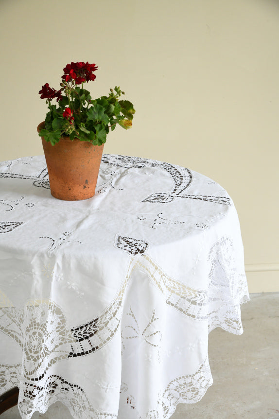 Vintage Cut Work Embroidered White Tablecloth